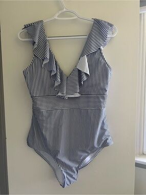PatPat Navy and White Striped Ruffle One-Piece